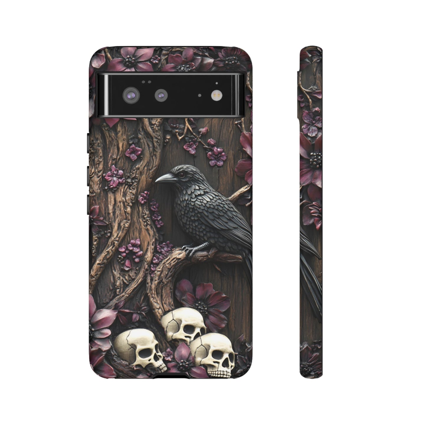 Raven and Skulls Phone Case - Gothic Faux Wood Phone Cases for iPhone 16 15 14 13 12 11, Samsung Galaxy & Google Pixel