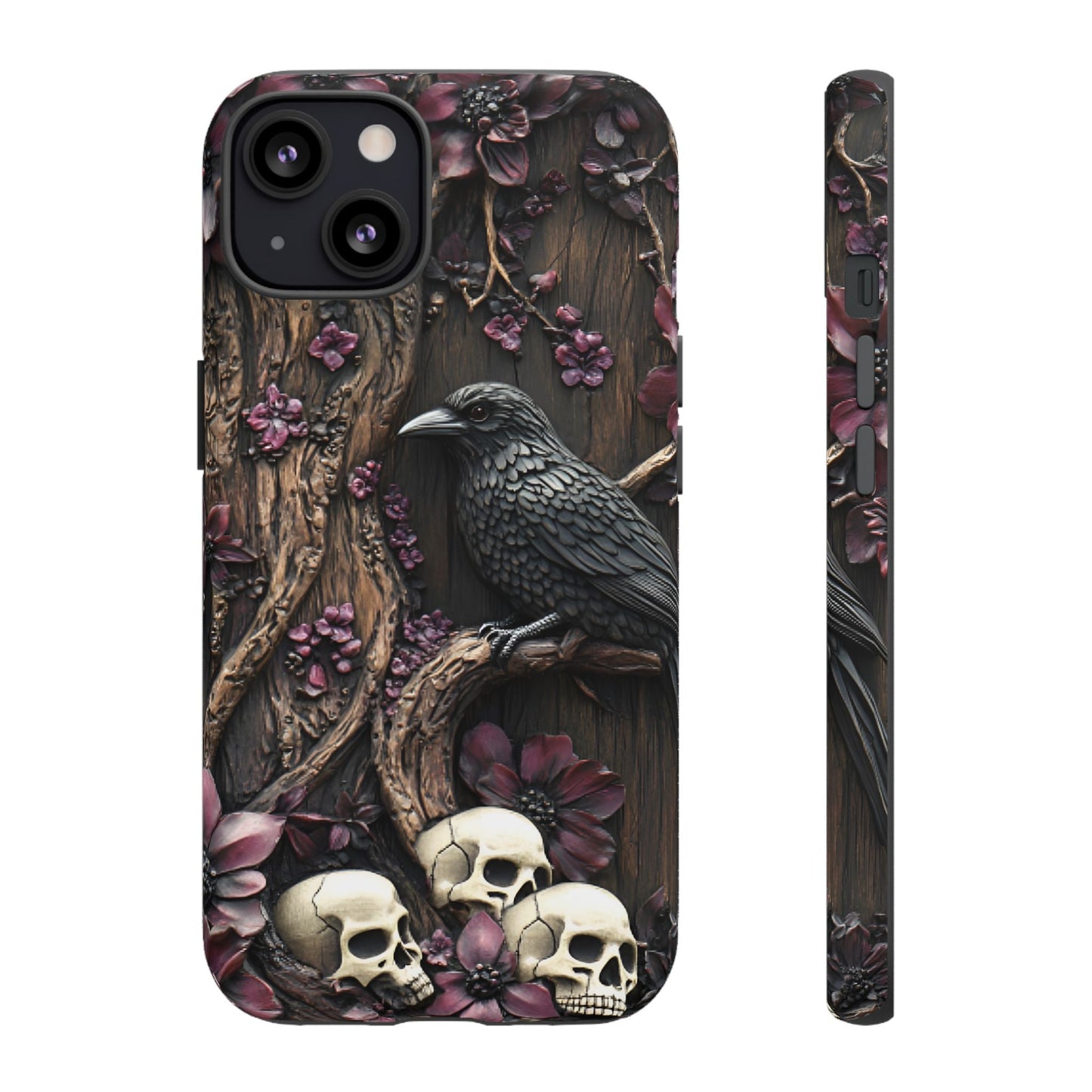 Raven and Skulls Phone Case - Gothic Faux Wood Phone Cases for iPhone 16 15 14 13 12 11, Samsung Galaxy & Google Pixel