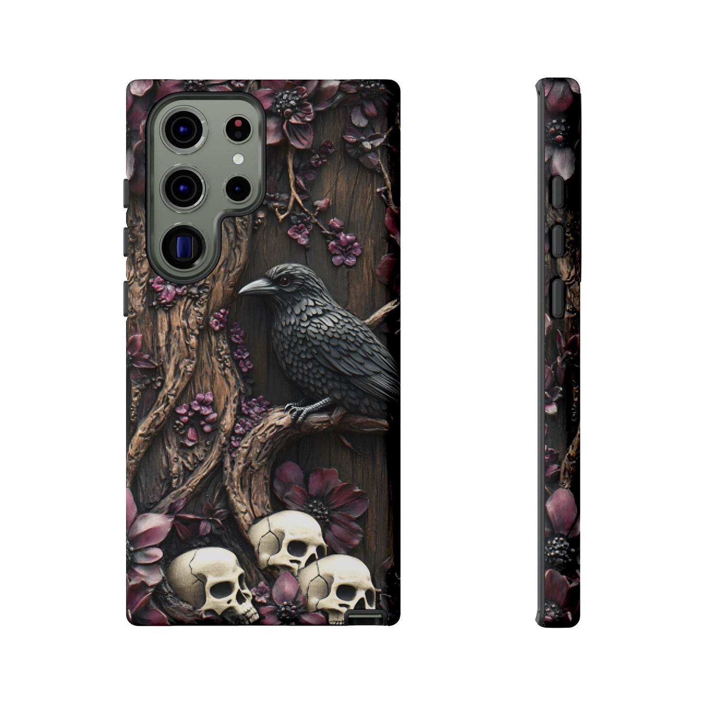 Raven and Skulls Phone Case - Gothic Faux Wood Phone Cases for iPhone 16 15 14 13 12 11, Samsung Galaxy & Google Pixel