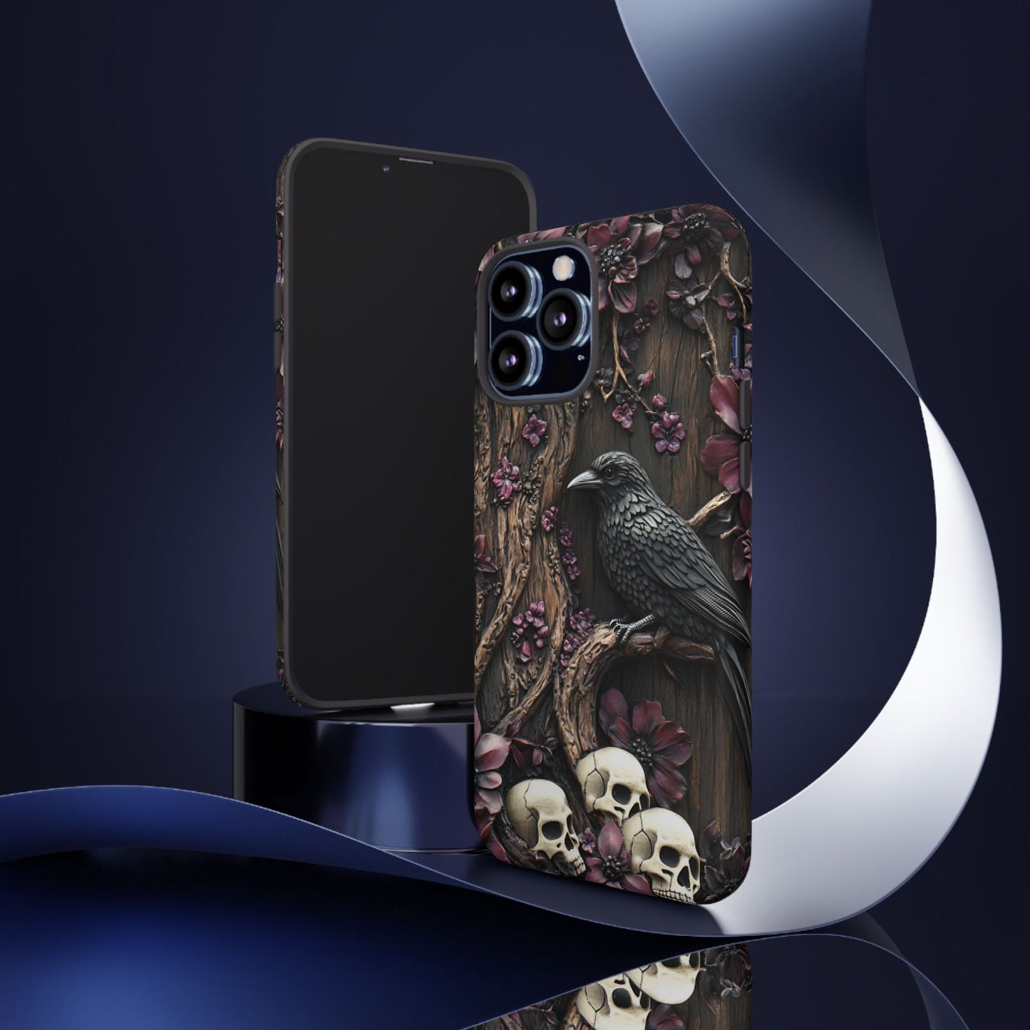 Raven and Skulls Phone Case - Gothic Faux Wood Phone Cases for iPhone 16 15 14 13 12 11, Samsung Galaxy & Google Pixel