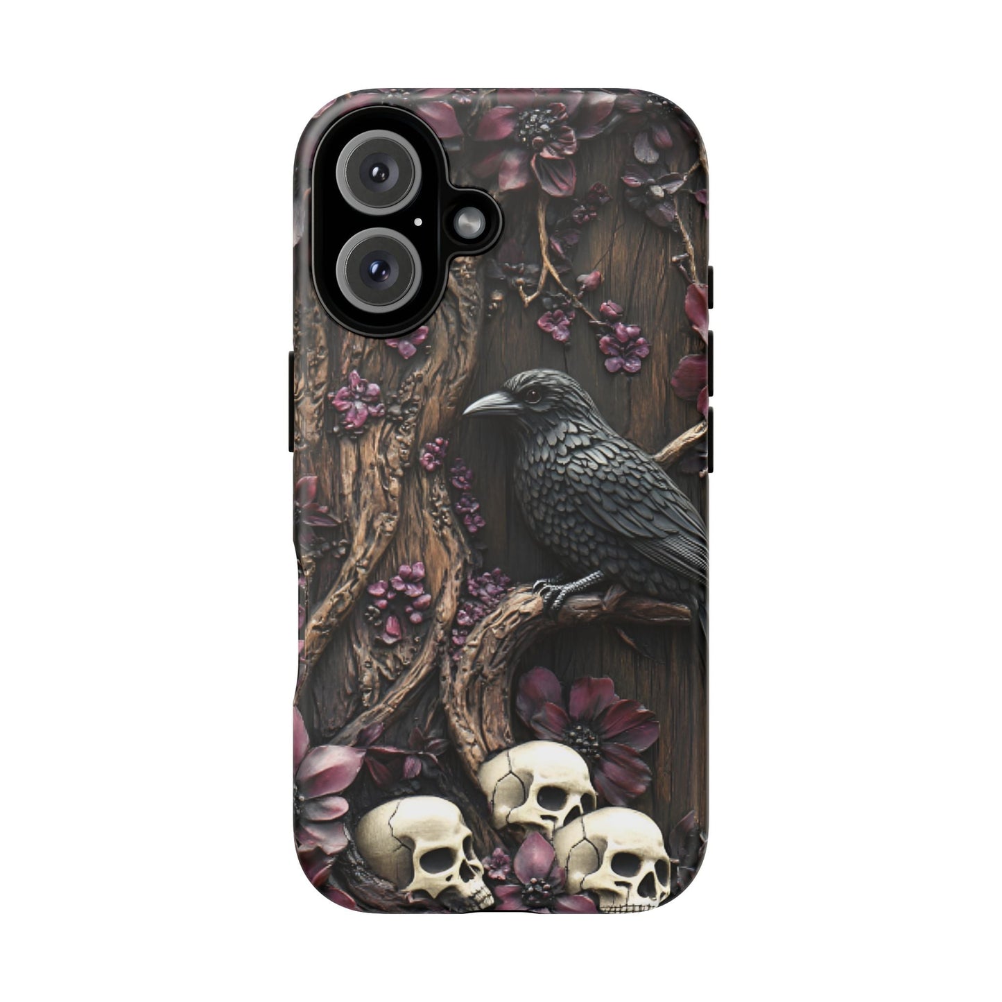 Raven and Skulls Phone Case - Gothic Faux Wood Phone Cases for iPhone 16 15 14 13 12 11, Samsung Galaxy & Google Pixel