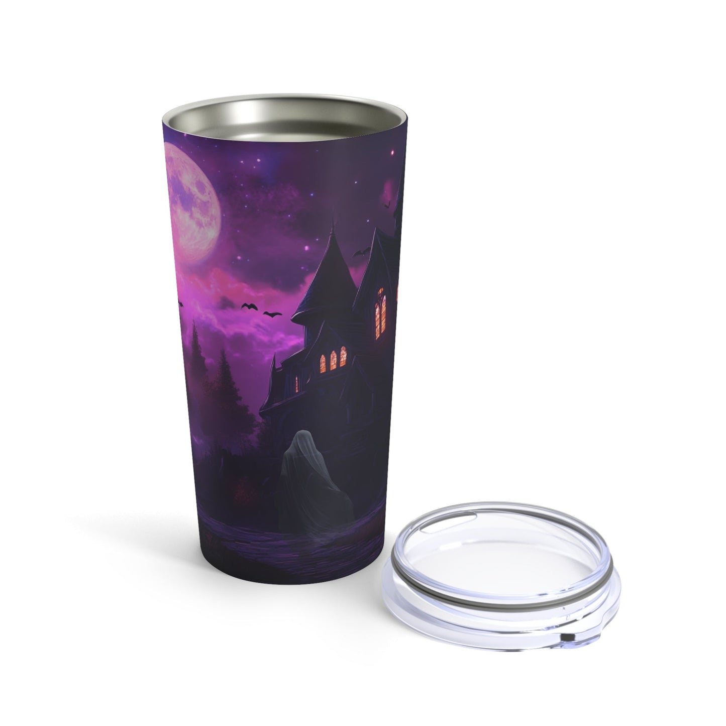 Spooky Halloween Tumbler - Purple and Black Tumbler with Haunted House, Bats and Ghost - Boo and Bewear