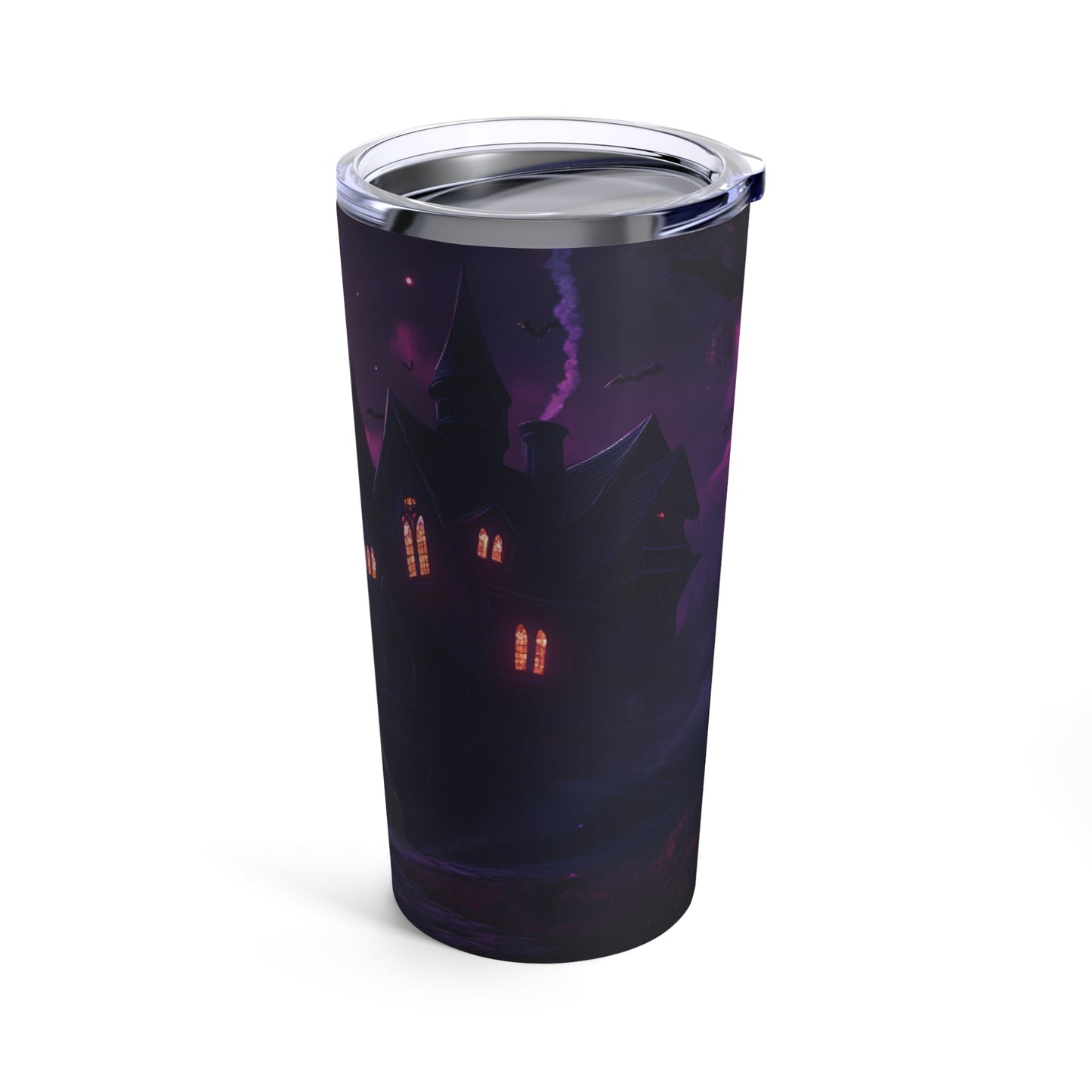 Spooky Halloween Tumbler - Purple and Black Tumbler with Haunted House, Bats and Ghost - Boo and Bewear