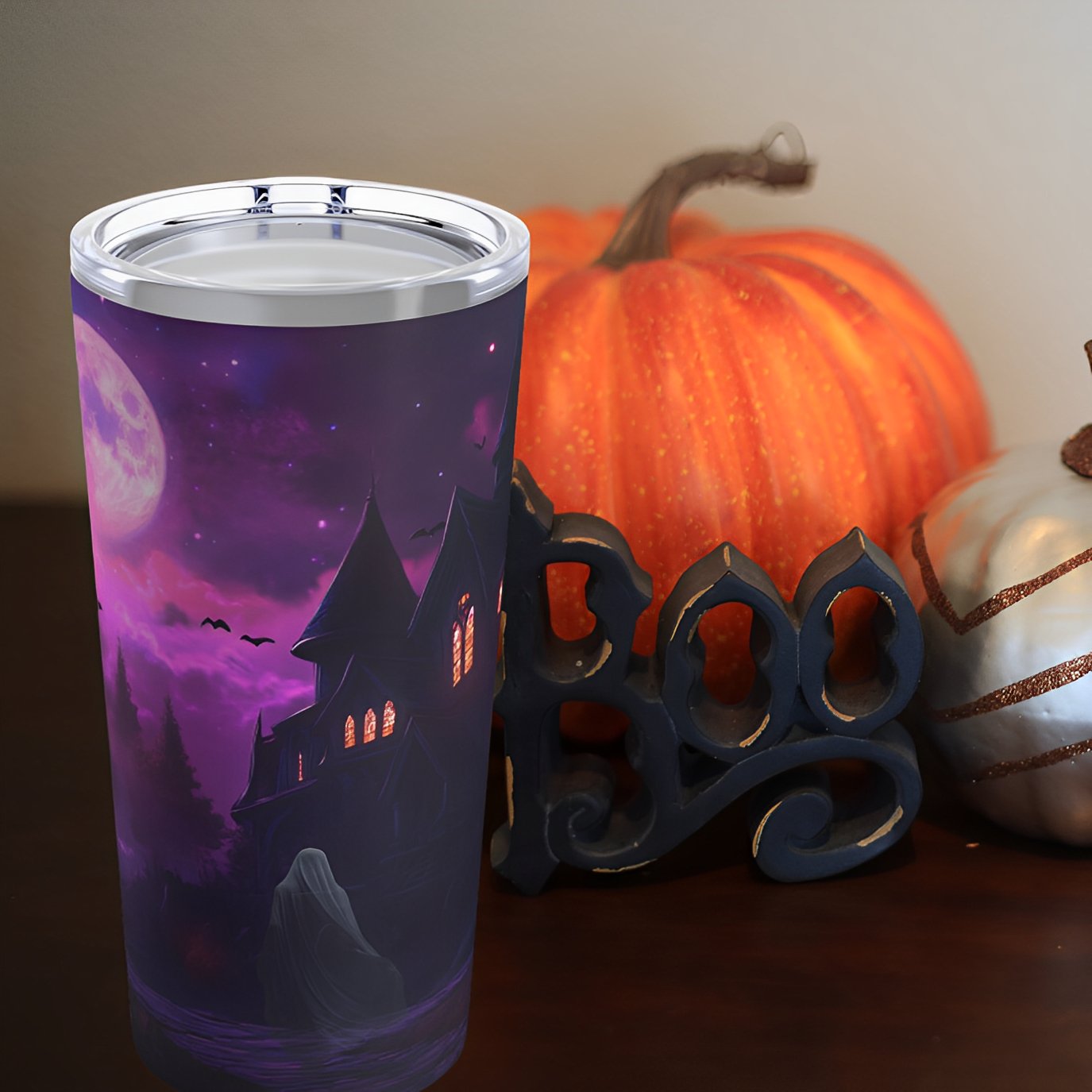 Spooky Halloween Tumbler - Purple and Black Tumbler with Haunted House, Bats and Ghost - Boo and Bewear