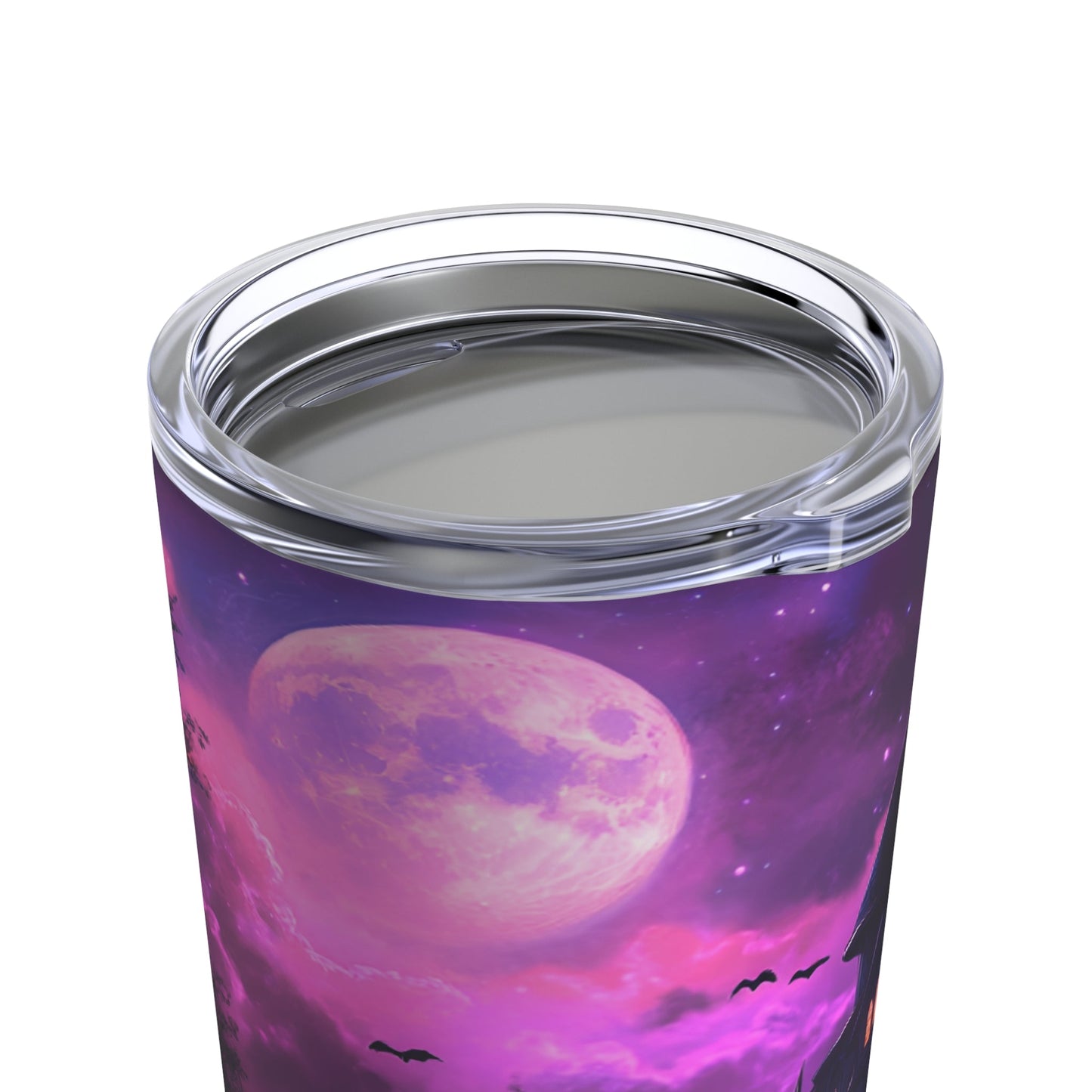 Spooky Halloween Tumbler - Purple and Black Tumbler with Haunted House, Bats and Ghost - Boo and Bewear