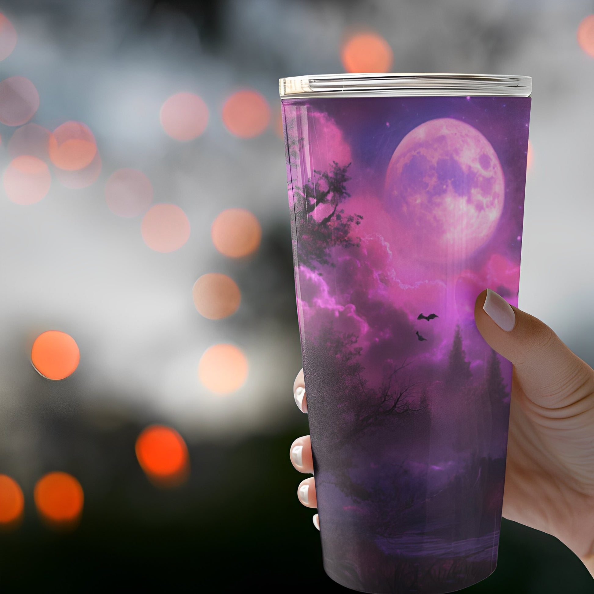 Spooky Halloween Tumbler - Purple and Black Tumbler with Haunted House, Bats and Ghost - Boo and Bewear