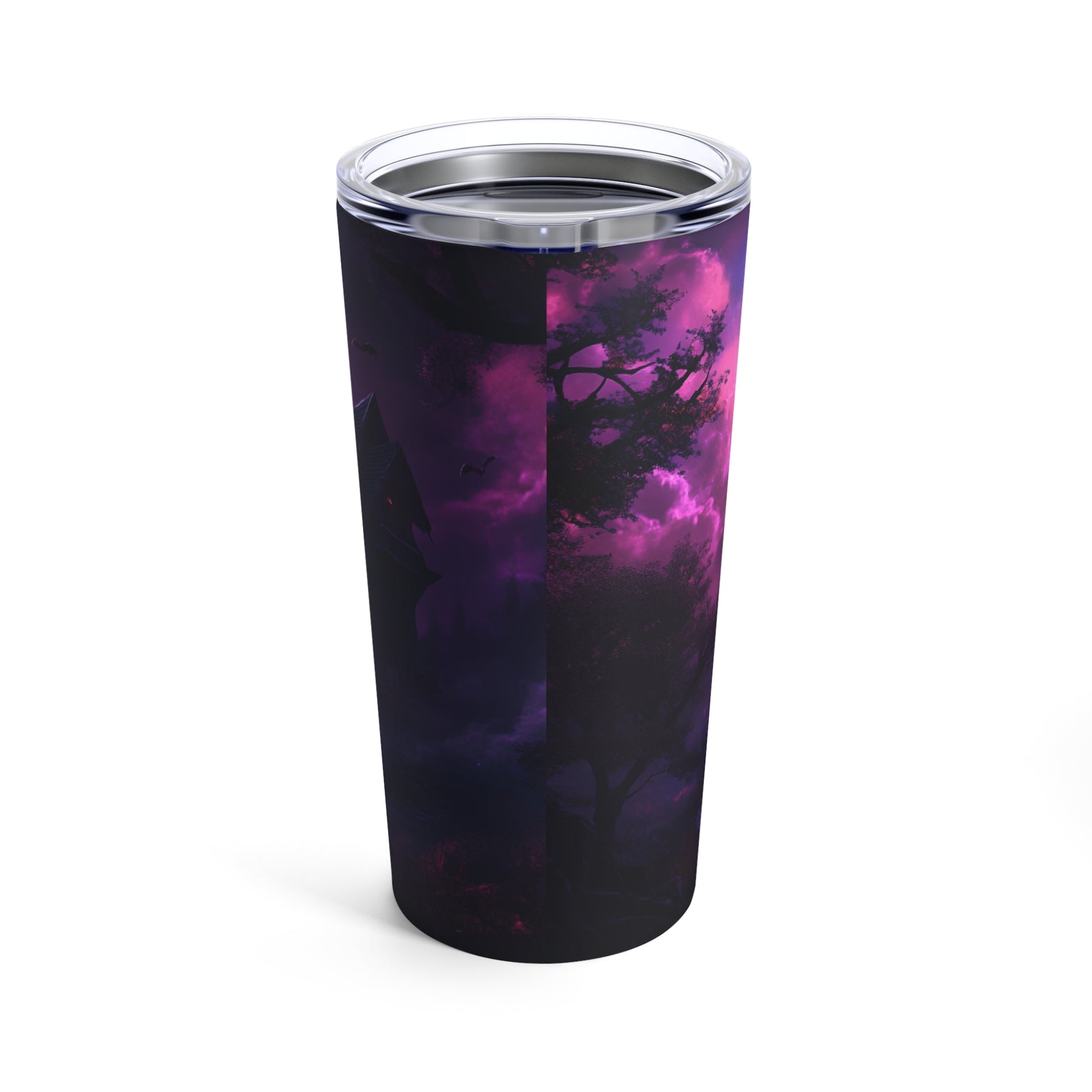 Spooky Halloween Tumbler - Purple and Black Tumbler with Haunted House, Bats and Ghost - Boo and Bewear