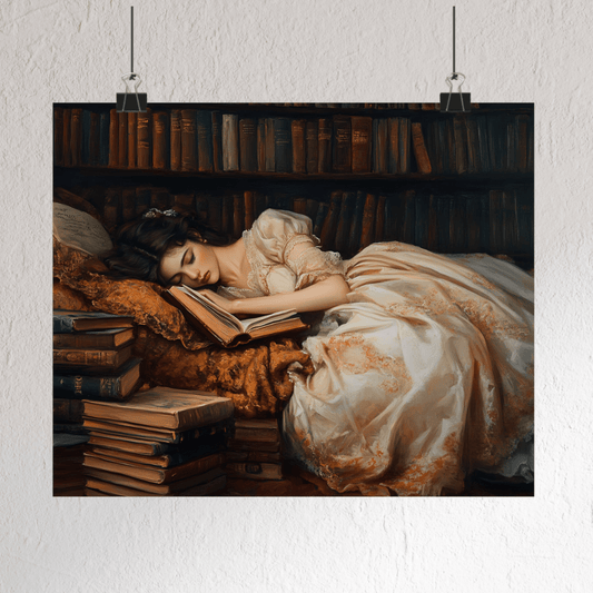 Victorian Woman Sleeping in Library Wall Art Painting, Vintage Dark Academia Poster, Antique Bookish Decor