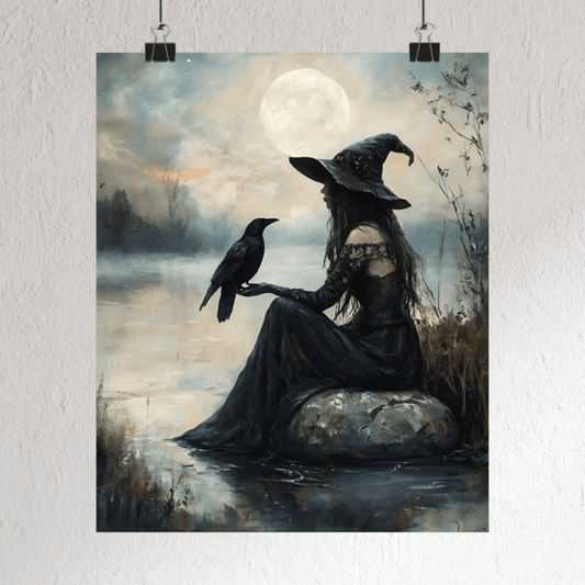 Witch and Raven Wall Art Print - Witchy Painting - Vintage Gothic Poster - Boo and Bewear